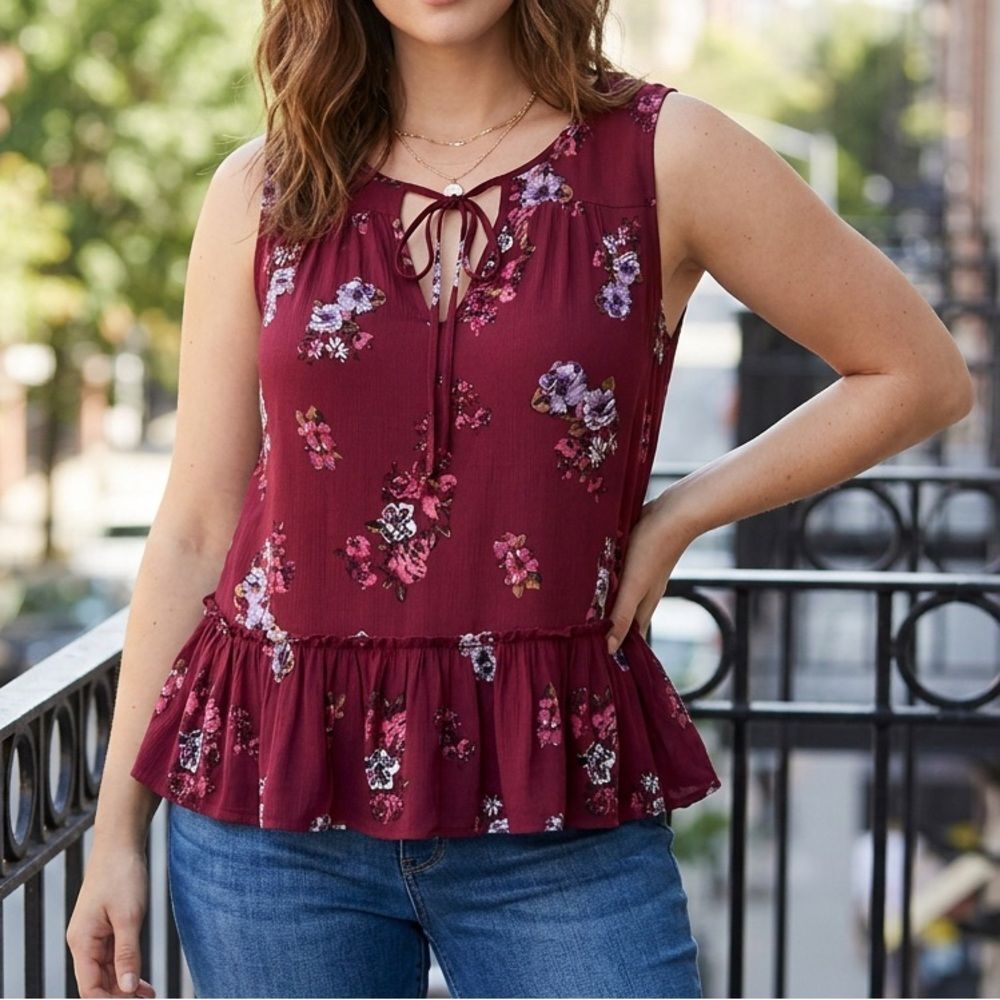 American Eagle Floral Peplum Tie Front Sleeveless Top Burgundy Red Small